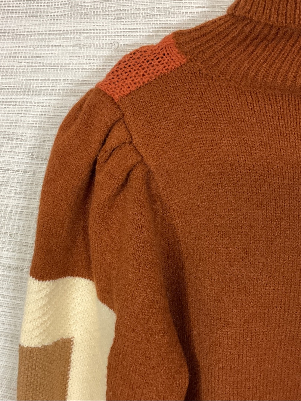 &Merci Turtleneck Floral Leaf Appliqué Patchwork Sweater in Rust & Cream Large - Picture 14 of 15